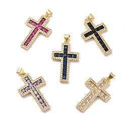 Honeyhandy Cross Brass Micro Pave Cubic Zirconia Pendants, Cadmium Free & Nickel Free & Lead Free, Real 18K Gold Plated, Mixed Color, 32.5x20x2.5mm, Hole: 3.5x4.5mm