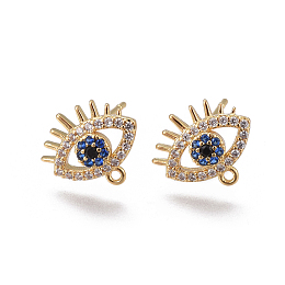 Honeyhandy Brass Stud Earring Findings, with Loop, Micro Pave Cubic Zirconia, Eyes, Colorful, Golden, 10x12x2.5mm, Hole: 1mm, Pin: 0.8mm