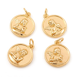 Honeyhandy Brass Pendants, with Jump Rings, Flat Round with Angel, Real 18K Gold Plated, 16.5x14x3mm, Hole: 3mm