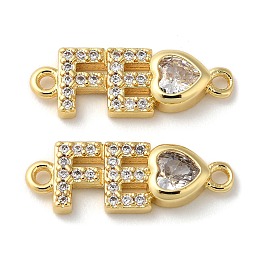 Honeyhandy Rack Plating Brass Pave Clear Cubic Zirconia Connector Charms, Long-Lasting Plated, Lead Free & Cadmium Free, Letter FE Heart Links, Real 18K Gold Plated, 6.5x18.5x3mm, Hole: 1.2mm