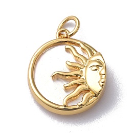 Honeyhandy Natural Shell Pendants, with Brass Findings & Jump Ring, Long-Lasting Plated, Flat Round with Sun, Real 18K Gold Plated, 18x15.5x4mm, Jump Ring: 5x1mm, 3mm Inner Diameter