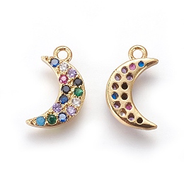 Brass Cubic Zirconia Charms, with Enamel, Moon, Colorful, Golden, 13.5x8x2mm, Hole: 1mm