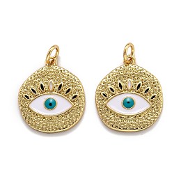 Honeyhandy Brass Enamel Pendants, with Jump Ring, Long-Lasting Plated, Real 18K Gold Plated, Flat Round with Evil Eye, Seashell Color, 19x16x2mm, Hole: 3.6mm