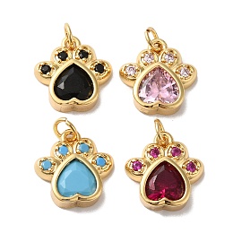 Honeyhandy Rack Plating Brass Pave Cubic Zirconia Charms, with Glass & Jump Ring, Lead Free & Cadmium Free, Real 18K Gold Plated, Long-Lasting Plated, Cat's Paw Print Charm, Mixed Color, 14x13x4mm, Hole: 3.4mm