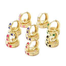 Honeyhandy Brass Enamel Hoop Earrings, Real 18K Gold Plated, Ring with Heart, Cadmium Free & Lead Free, Mixed Color, 12.5x13.5x3.5mm, Pin: 1mm