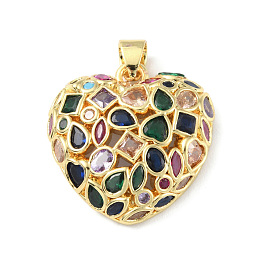 Honeyhandy Brass Micro Pave Cubic Zirconia Pendants, Long-Lasting Plated, Real 18K Gold Plated, Cadmium Free & Lead Free, Heart, Colorful, 25.5x24.5x7mm, Hole: 4.5x4mm