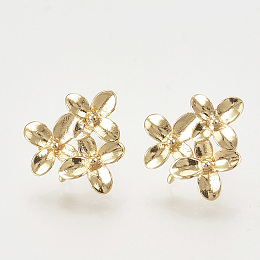 Arricraft Brass Stud Earring Findings, with Loop, Flower, Nickel Free, Real 18K Gold Plated, 14.5x15mm, Hole: 1mm; Pin: 0.8mm