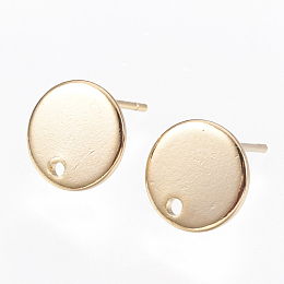 Honeyhandy Brass Stud Earring Findings, with Loop, Hole, Flat Round, Nickel Free, Real 18K Gold Plated, 10mm, Hole: 1mm, Pin: 0.8mm