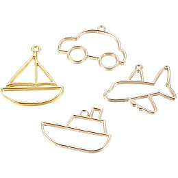 Pandahall Elite 20pcs 4 Styles Vehicles Bezel Charms Pendants, Open Back Bezel Pendants Hollow Mold Pendants Car Ship Boat Hollow Pressed Flower Frame Pendant for Resin Earrings Necklace Bracelet Making