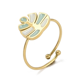 Honeyhandy Ion Plating(IP) Monstera Leaf 304 Stainless Steel Enamel Ring, 316 Surgical Stainless Steel Open Cuff Ring for Women, Real 18K Gold Plated, Adjustable