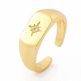 Honeyhandy Clear Cubic Zirconia Star Signet Open Cuff Ring, Brass Jewelry for Women, Cadmium Free & Lead Free, Real 18K Gold Plated, US Size 7 3/4(17.9mm)