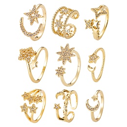 Honeyhandy 9Pcs 9 Style Adjustable Brass Micro Pave Clear Cubic Zirconia Cuff Rings, Open Rings, Long-Lasting Plated, Moon & Star, Real 18K Gold Plated, 1pcs/style