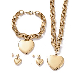 Honeyhandy 304 Stainless Steel Jewelry Sets, Pendant Necklaces & Charm Bracelets & Stud Earrings, Heart, Golden, 17.72 inch(45cm), 8-1/4  inch(210mm), 16mm, Pin: 0.8mm