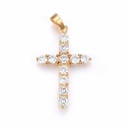 Honeyhandy 304 Stainless Steel Pendants, with Cubic Zirconia and Snap on Bails, Cross, Clear, Golden, 37.5x25x3.5mm, Hole: 5x7mm