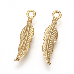 Honeyhandy 304 Stainless Steel Pendants, Ion Plating (IP), Feather, Golden, 25.5x6x2.5mm, Hole: 2mm