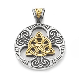 Honeyhandy Viking Norse 304 Stainless Steel Pendants, Flat Round with Triquetra Knot Charm, Antique Silver & Golden, 45x33x8mm, Hole: 5.5x8.5mm