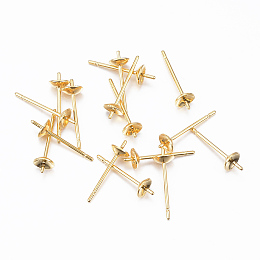 Honeyhandy 304 Stainless Steel Post Stud Earring Settings For Half Drilled Bead, Real 24K Gold Plated, 13.5x4mm, Tray: 3.5mm, Pin: 0.8mm