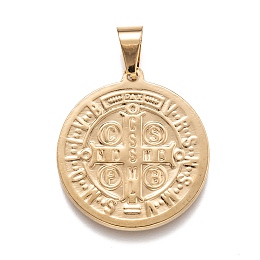 Honeyhandy 304 Stainless Steel Pendants, Flat Round with Saint Benedict Medal, Golden, 31x28x2mm, Hole: 5x8mm