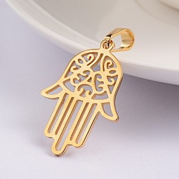 Honeyhandy Ion Plating(IP) 304 Stainless Steel Pendants, Hamsa Hand/Hand of Fatima/Hand of Miriam, Golden, 30.5x21.5x1mm, Hole: 4x6mm