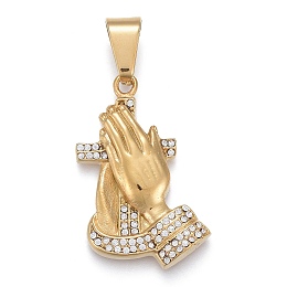 Honeyhandy 304 Stainless Steel Pendants, with Crystal Rhinestone, Praying Hands with Cross, Golden, 39.5x23.5x5.5mm, Hole: 6.5x11.5mm