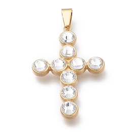 Honeyhandy 304 Stainless Steel Rhinestone Big Pendants, Cross, Crystal, Golden, 50x32x6.5mm, Hole: 10x4mm