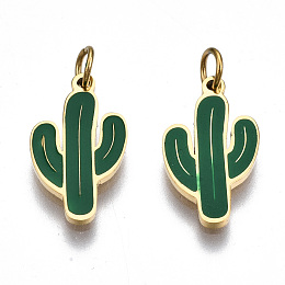 Honeyhandy 316 Surgical Stainless Steel Enamel Pendants, with Jump Rings, Cactus, Green, Real 14K Gold Plated, 15x8.5x1mm, Jump Ring: 3.8x0.6mm, 2.6mm inner diameter