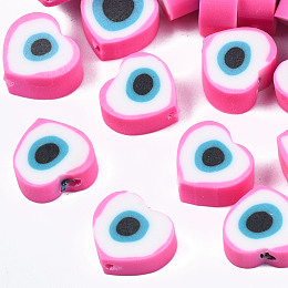 Honeyhandy Handmade Polymer Clay Beads, Heart, Hot Pink, 8.5x9.5x4.5mm, Hole: 1.4mm