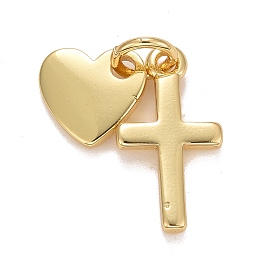 Honeyhandy Rack Plating Real 18K Gold Plated Brass Pendants, with Jump Rings, Long-Lasting Plated, Lead Free & Cadmium Free, Cross & Heart, Real 18K Gold Plated, 17mm, Jump Ring: 4.6x0.8mm, 3mm Inner Diameter, Heart: 8x8x1mm, Cross: 15x8x1.5mm