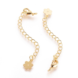 Honeyhandy Long-Lasting Plated Brass Chain Extender, with Lobster Claw Clasps and Flower Tips, Real 18K Gold Plated, 71x3mm, Hole: 2.5mm