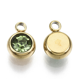 Honeyhandy Vacuum Plating 201 Stainless Steel Rhinestone Charms, Birthstone Charms, Flat Round, Real 18K Gold Plated, Peridot, 8.5x6x3mm, Hole: 1.5mm