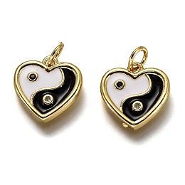 Honeyhandy Brass Micro Pave Clear & Black Cubic Zirconia Charms, Long-Lasting Plated, with Jump Rings & Black and White Enamel, Heart with Taiji, Real 18K Gold Plated, 14x13x2mm, Hole: 3.2mm