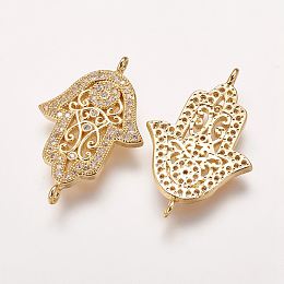 Honeyhandy Brass Micro Pave Cubic Zirconia Links, Palm/Hamsa Hand/Hand of Fatima/Hand of Miriam, Golden, 27x17.5x2mm, Hole: 1mm