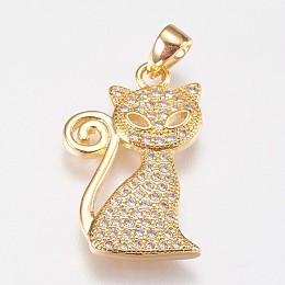 Honeyhandy Brass Micro Pave Cubic Zirconia Kitten Pendants, Cartoon Cat Shape, Golden, 20.5x13x2mm, Hole: 2.5x4mm