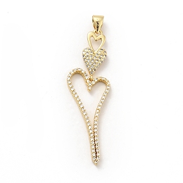 Honeyhandy Rack Plating Brass Micro Pave Cubic Zirconia Pendants, Long-Lasting Plated, Lead Free & Cadmium Free, Heart, Real 18K Gold Plated, 44x13.5x2.5mm, Hole: 3.5x4mm