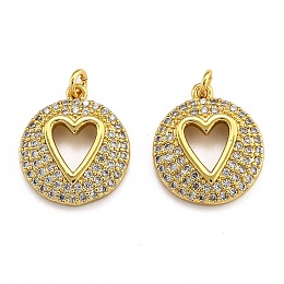 Honeyhandy Brass Micro Pave Clear Cubic Zirconia Pendants, Long-Lasting Plated, Flat Round with Heart Pattern, Real 18K Gold Plated, 18x15.5x3.3mm, Hole: 2mm, jump ring: 4x1mm