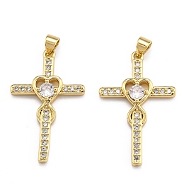 Honeyhandy Brass Micro Pave Clear Cubic Zirconia Pendants, Long-Lasting Plated, Cross, Real 18K Gold Plated, 33x21x4mm, Hole: 3x3.5mm