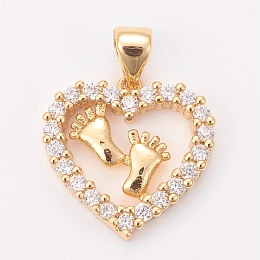 Honeyhandy Brass Micro Pave Cubic Zirconia Pendants, Heart with Foot, Clear, Golden, 16x16x3mm, Hole: 3.5x4mm