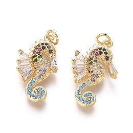 Honeyhandy Golden Plated Brass Pendants, with Cubic Zirconia and Jump Rings, Sea Horse, Colorful, 20.5x10x3mm, Hole: 2.5mm