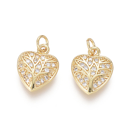 Honeyhandy Golden Plated Brass Charms, with Cubic Zirconia and Jump Rings, Heart with Tree of Life, Clear, 12.5x10x2mm, Hole: 2.5mm