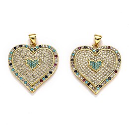 Honeyhandy Brass Micro Pave Cubic Zirconia Pendants, Long-Lasting Plated, Heart, Real 18K Gold Plated, 26.5x25x3mm, Hole: 4x3mm