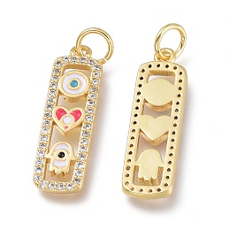 Honeyhandy Brass Micro Pave Clear Cubic Zirconia Pendants, with Enamel & Jump Rings, Long-Lasting Plated, Rectangle with Hamsa Hand & Heart & Round, Real 18K Gold Plated, 22.5x6.5x2mm, Jump Ring: 5x0.7mm, Hole: 3.6mm