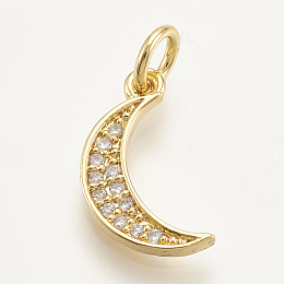 Honeyhandy Brass Micro Pave Cubic Zirconia Charms, Moon, Clear, Golden, 14x7.5x1.5mm, Hole: 3mm