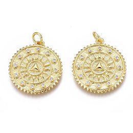 Honeyhandy Brass Micro Pave Clear Cubic Zirconia Pendants, Long-Lasting Plated, Real 18K Gold Plated, With Jump Rings, Flat Round with Sun, 22x20x2mm, Hole: 3mm, Jump Ring: 5x1mm