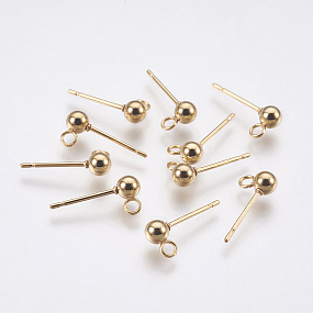 Honeyhandy 304 Stainless Steel Stud Earring Findings, with Loop, Round, Real 24K Gold Plated, 15x6mm, Hole: 1.5mm, Ball: 3mm, Pin: 0.8mm