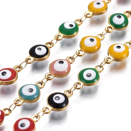 Honeyhandy 304 Stainless Steel Link Chains, with Enamel, Soldered, Flat Round with Evil Eye, Golden, Mixed Color, 11x6x3mm