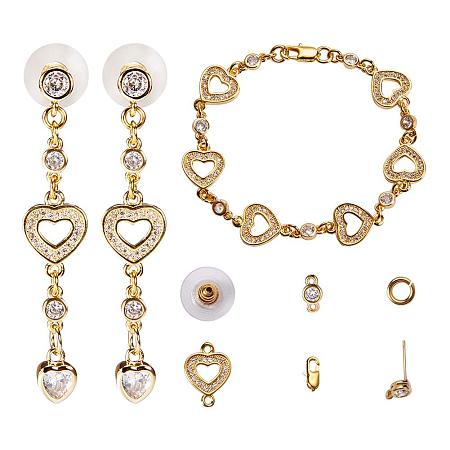 SUNNYCLUE DIY 1 Set Fashion Micro Pave Cubic Zirconia Heart Link Jewelry Set Bracelet Stud Earrings Making Starter Kit for Beginners, Nickel Free, Golden