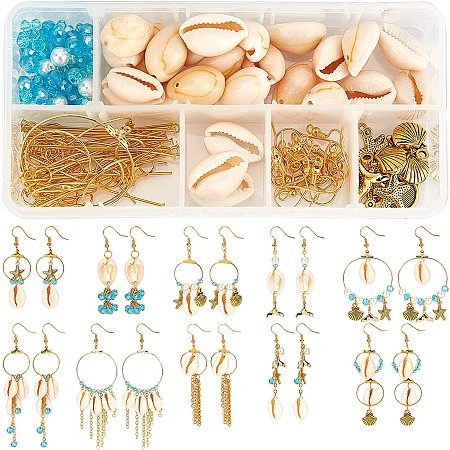 SUNNYCLUE 1 Box DIY 10 Pairs Beach Themed Earring Making Kits Starfish Shell Charms Cowrie Shell Beads & Glass Faceted Beads & Earring Hooks for Handmade Earrings Beginner