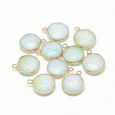 Honeyhandy Natural Amazonite Pendants, with Brass Findings, Faceted, Flat Round, Golden, Light Cyan, 19~21x15~16x6~7mm, Hole: 2mm