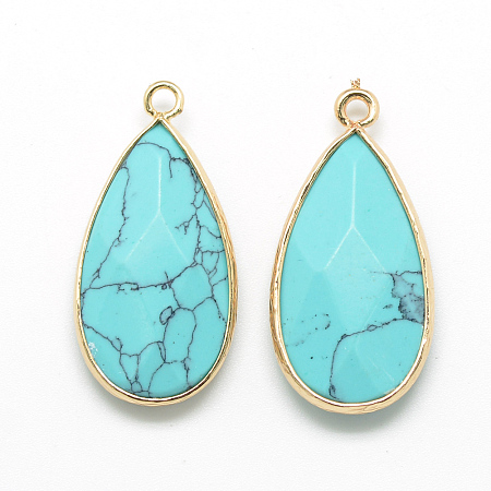 Honeyhandy Synthetic Turquoise Pendants, with Golden Tone Brass Findings, Faceted, teardrop, Pale Turquoise, 32.5~33x16x6mm, Hole: 2.5mm