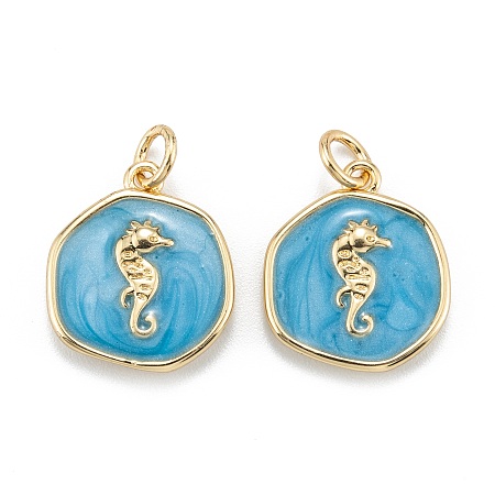Honeyhandy Brass Enamel Pendants, with Jump Rings, Long-Lasting Plated, Flat Round with Sea Horse, Deep Sky Blue, Real 18K Gold Plated, 17x14.5x2.5mm, Hole: 3.5mm